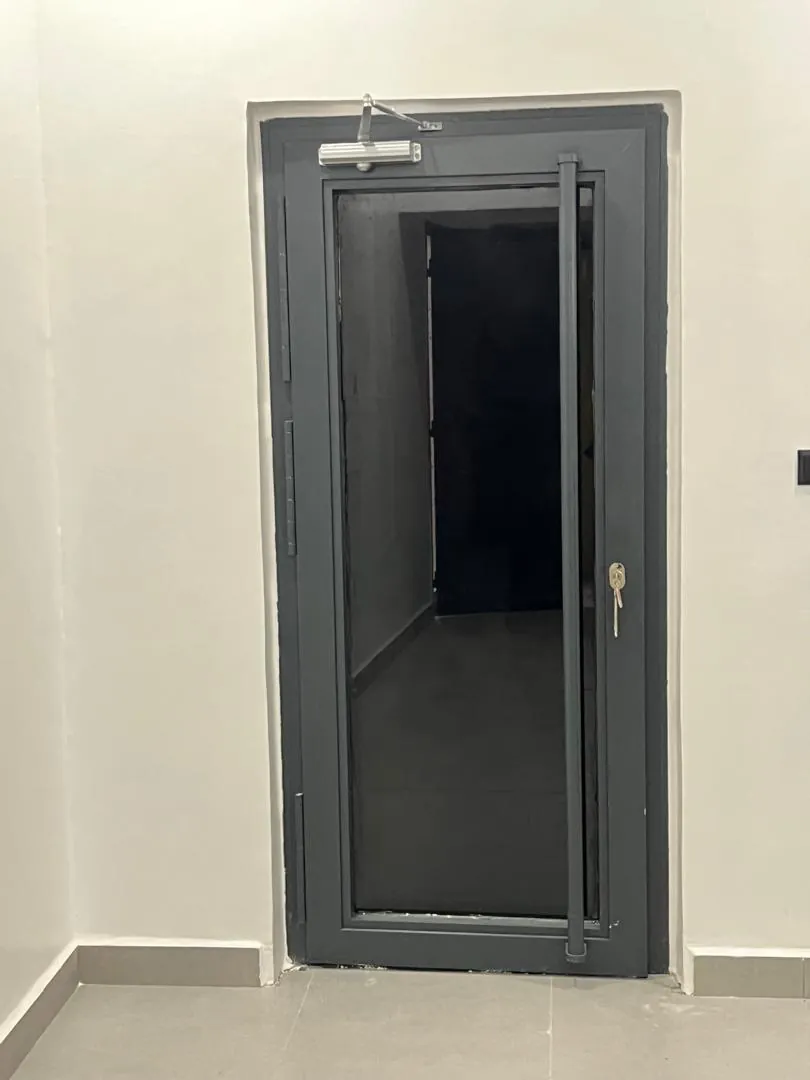 Glazed security door with anthracite aluminium frame, door closer and vertical pull handle