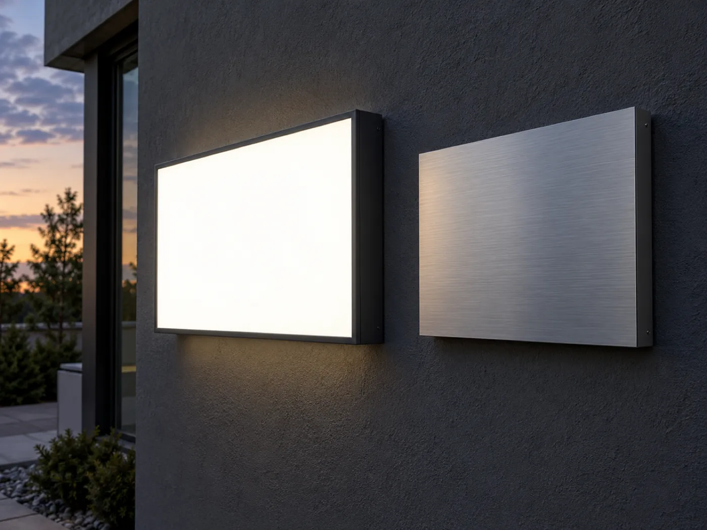 An illuminated aluminium sign box and a brushed aluminium sign panel on a building facade