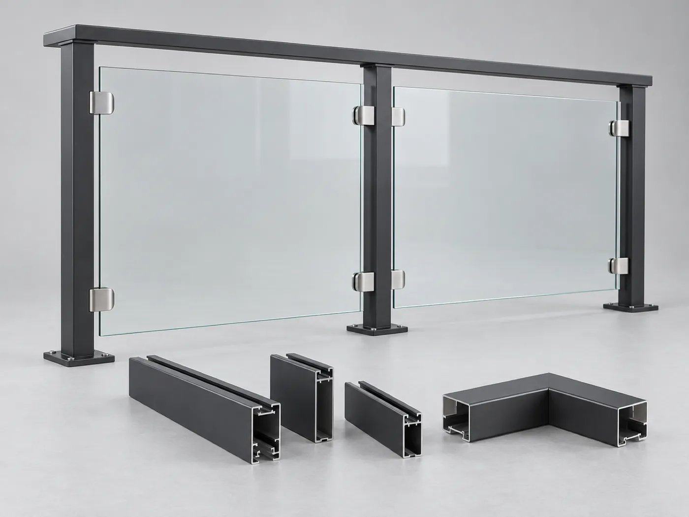 Glass balustrade with anthracite aluminium posts and handrail, with aluminium balustrade profiles