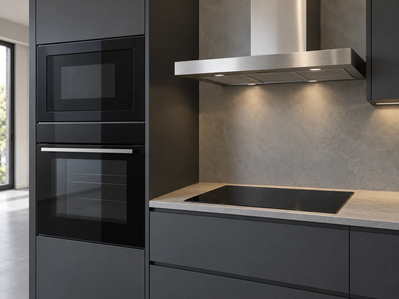 Built-in oven and microwave in a dark anthracite tall unit, with a glass-ceramic hob and range hood