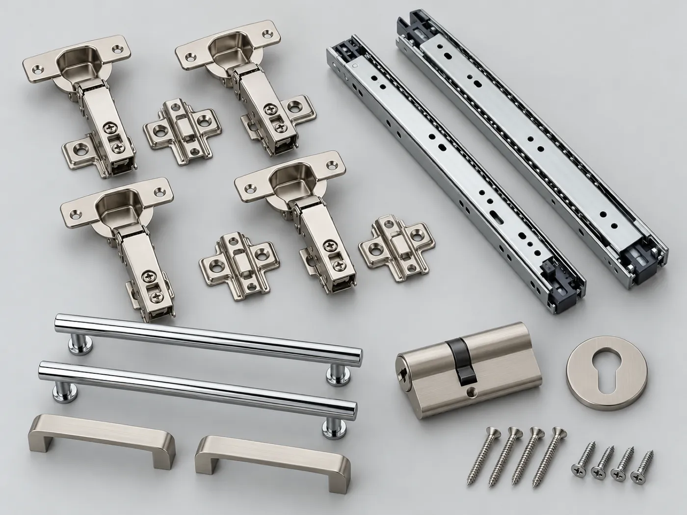 Soft-close concealed hinges, telescopic drawer slides, handles, a cylinder lock with rosette and screws
