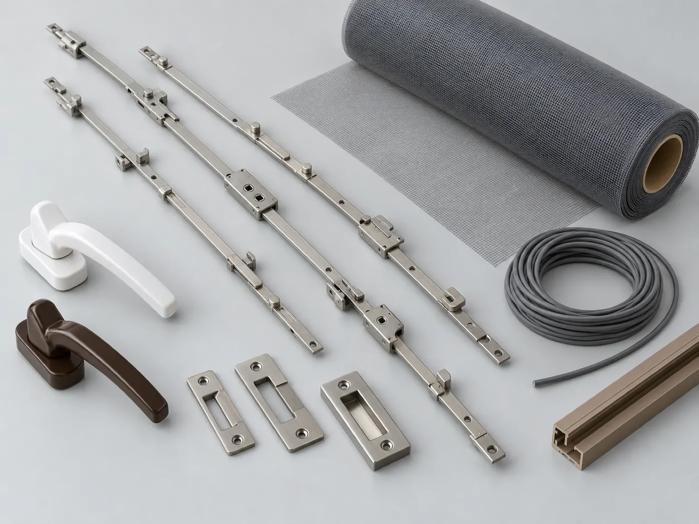 Sliding espagnolettes, white and brown window handles, keepers, insect mesh roll and screen rail profile