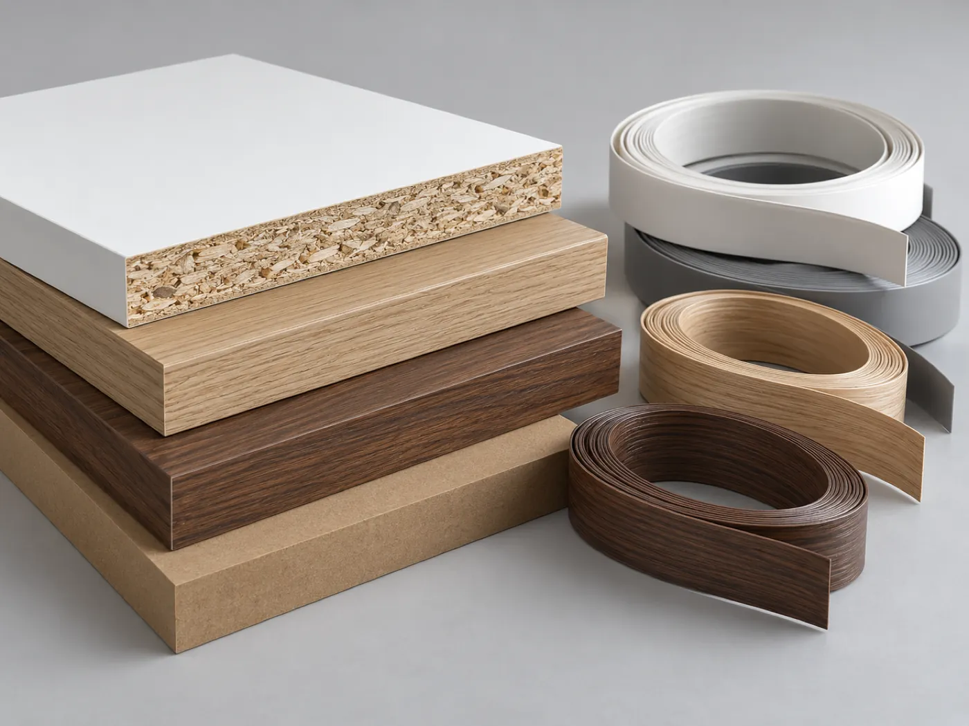 A stack of white laminated chipboard, wood-decor panels and MDF with rolls of PVC edge banding in several colours