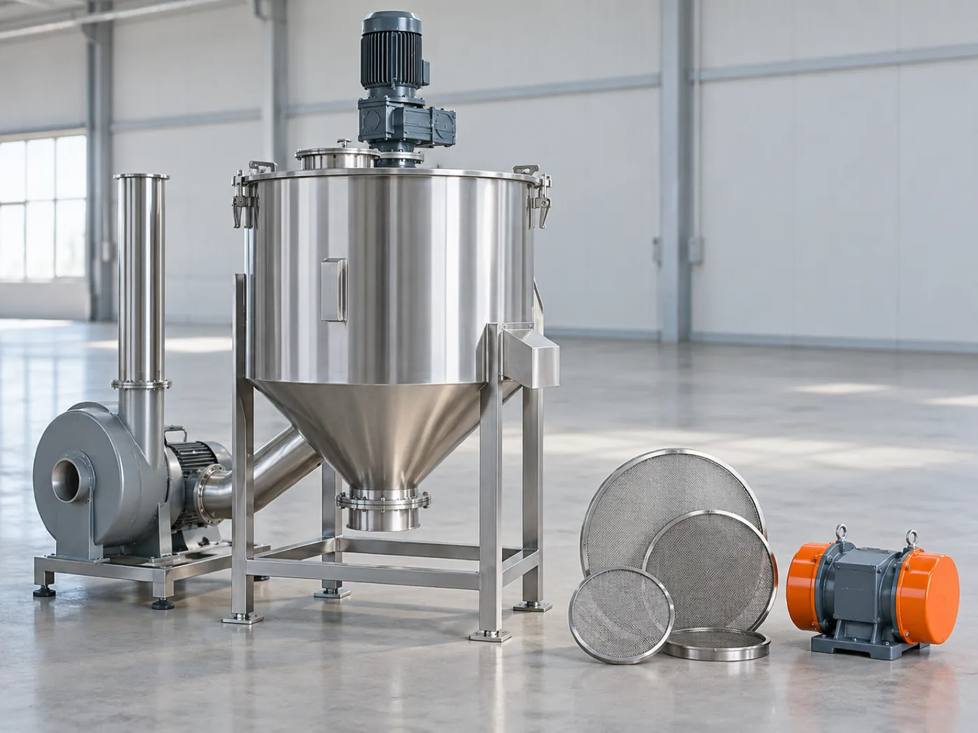 Stainless steel dryer mixer with filter meshes and a vibration motor