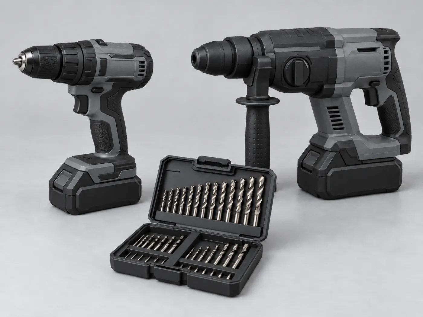 Cordless impact drill, cordless rotary hammer and a drill bit set