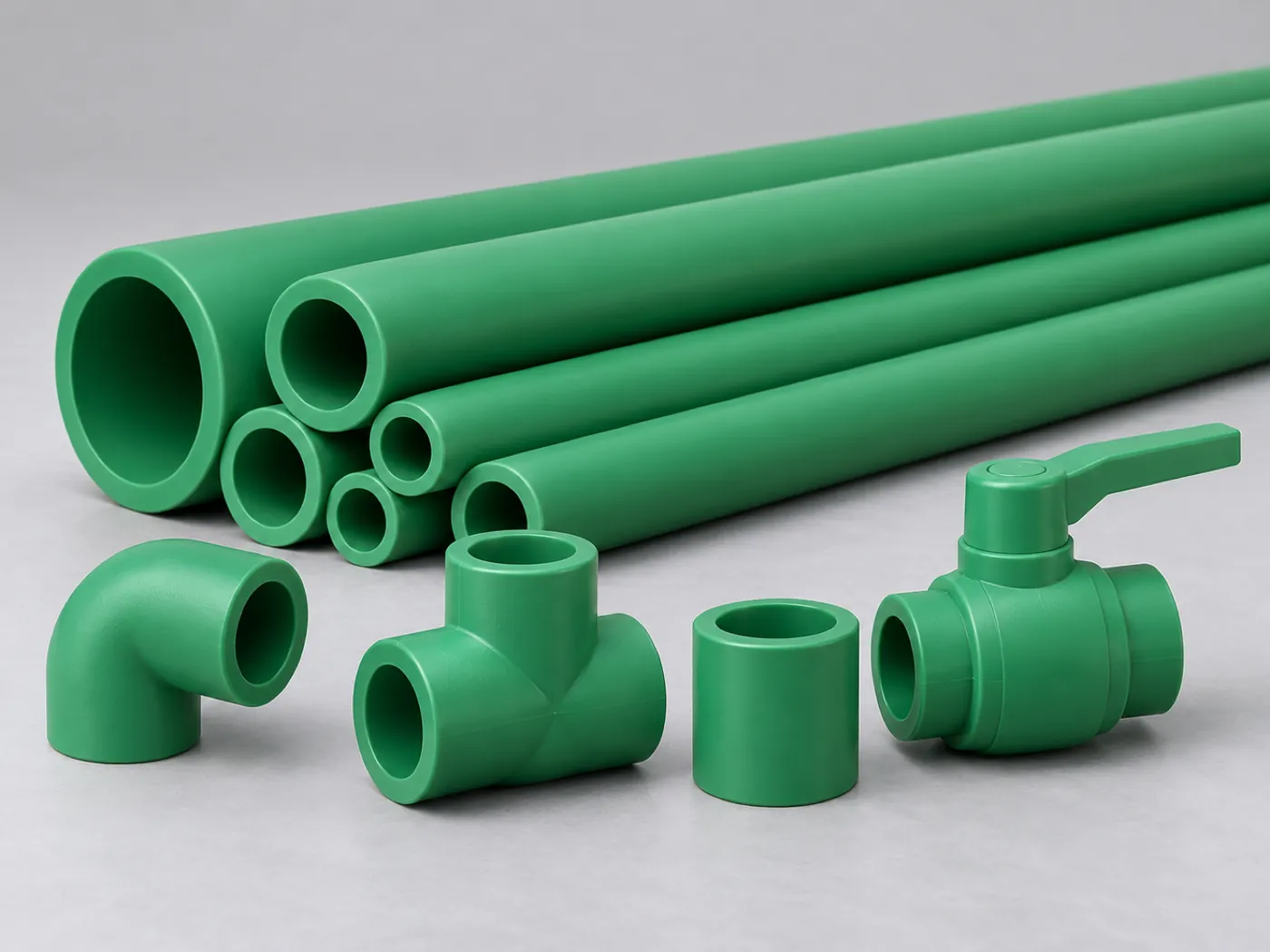 Green PPR pipes in several diameters with an elbow, tee, coupling and ball valve
