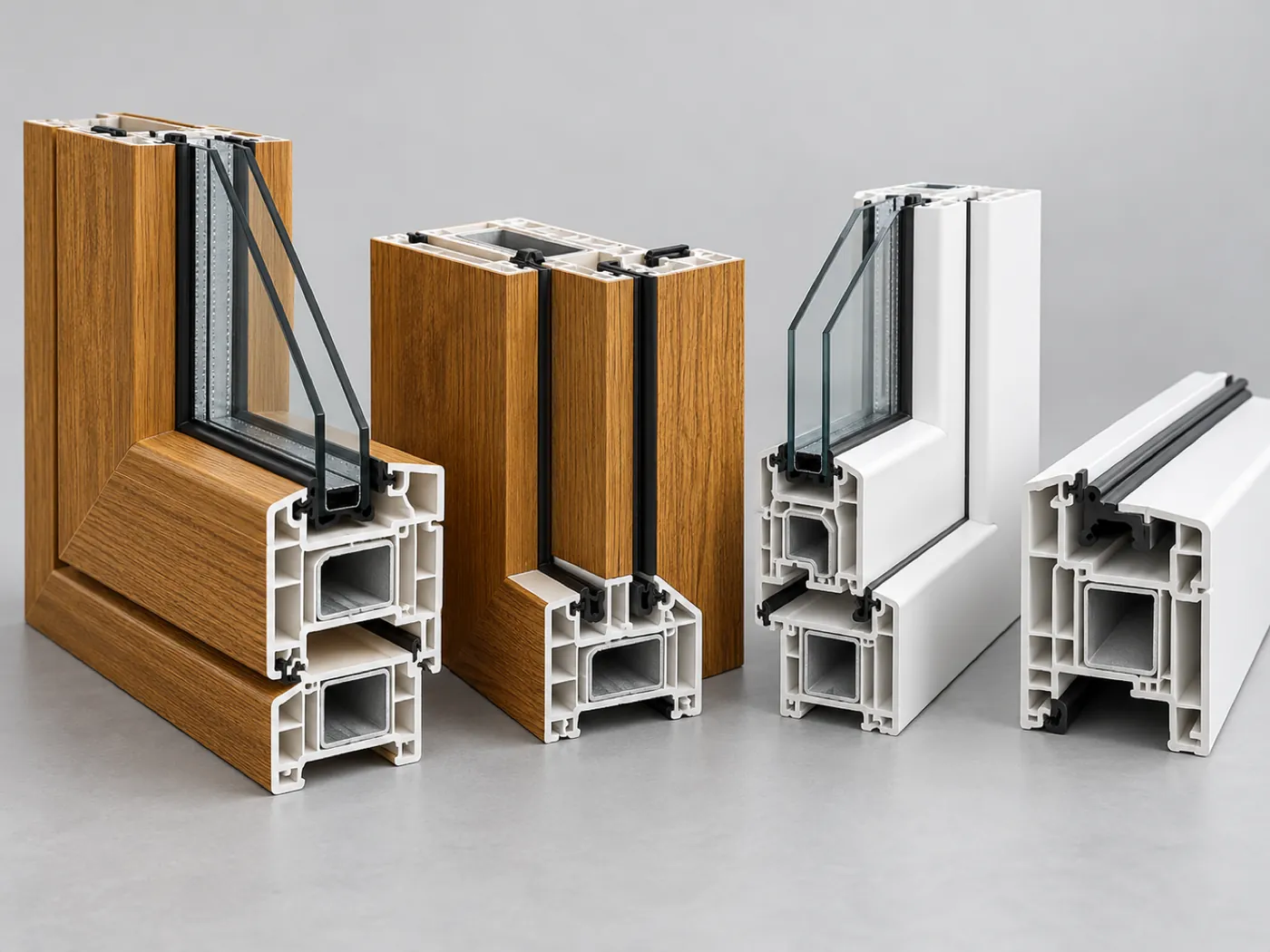 Cross-sections of golden oak laminated and white PVC window profiles with gaskets and double glazing