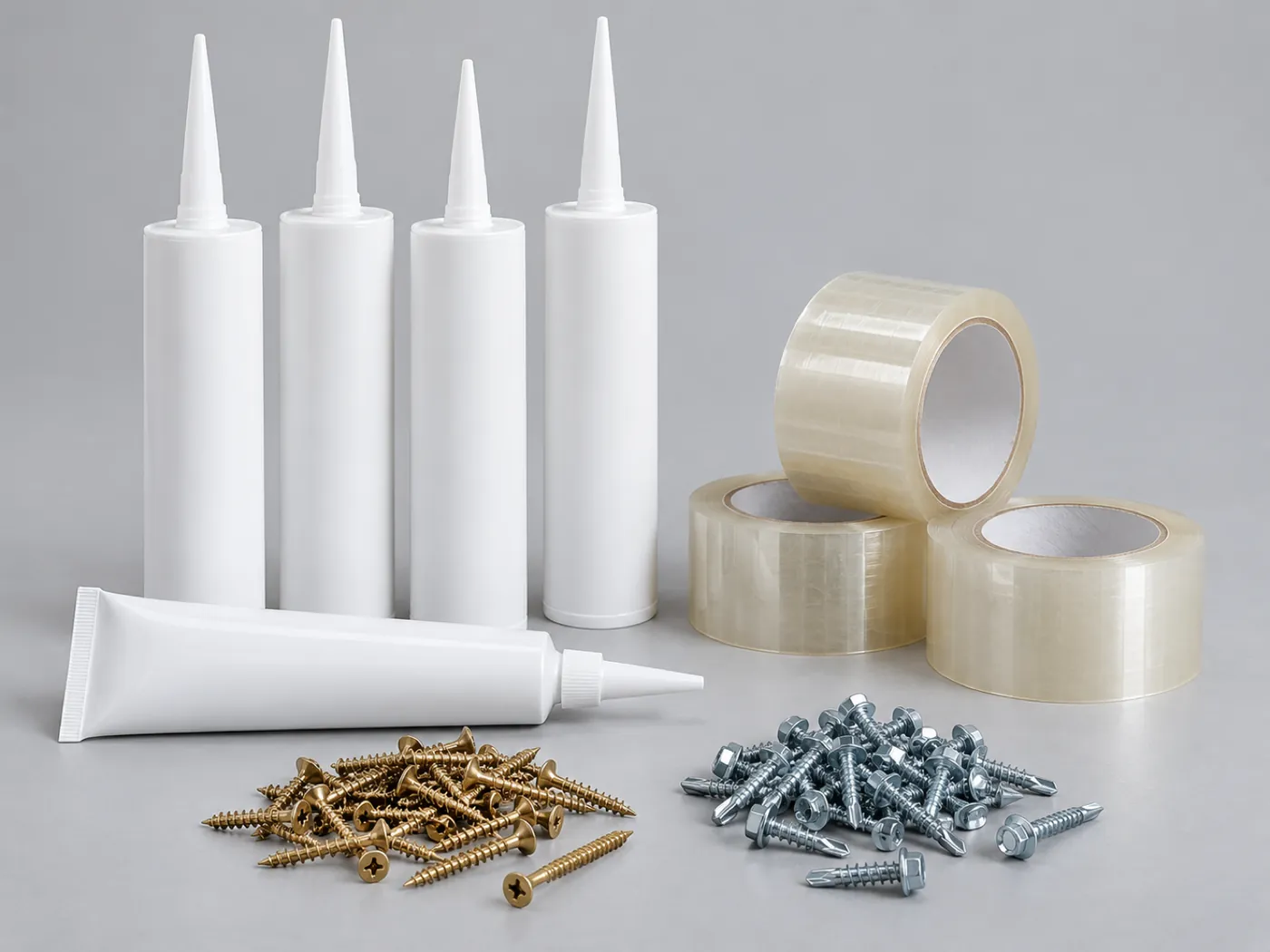 Silicone cartridges, an acrylic sealant tube, clear packing tape and screws