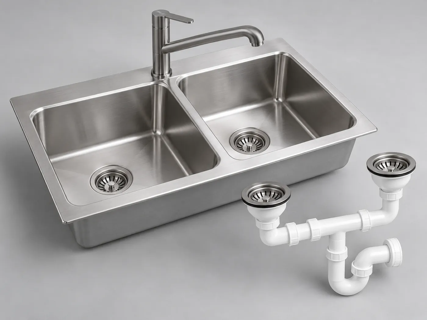 Stainless steel double-bowl sink with a single-lever tap and under-counter siphon