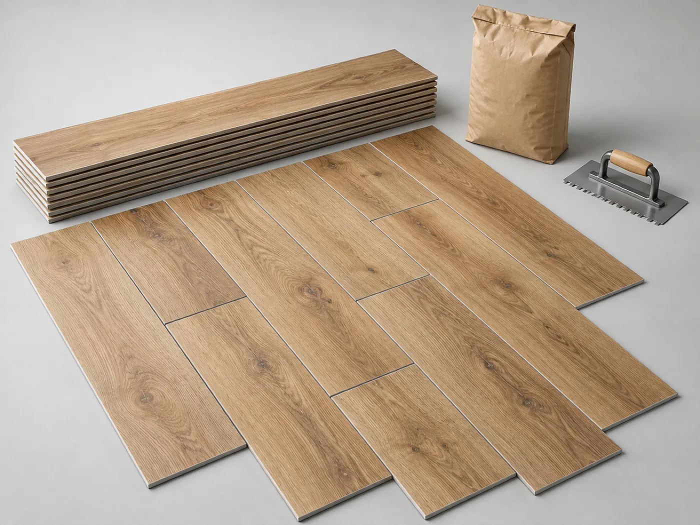20 × 120 cm wood-look porcelain tiles with a kraft bag of adhesive and a notched trowel