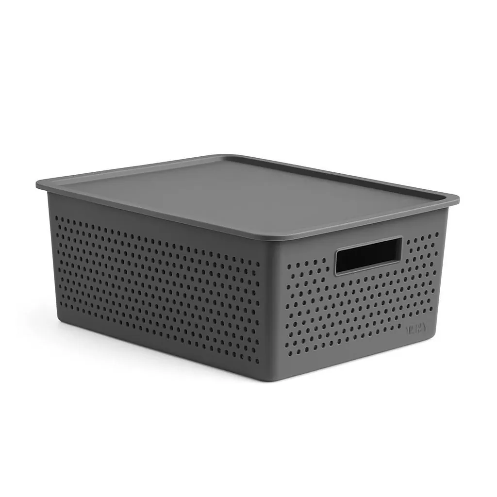 Grey lidded storage box with a perforated pattern