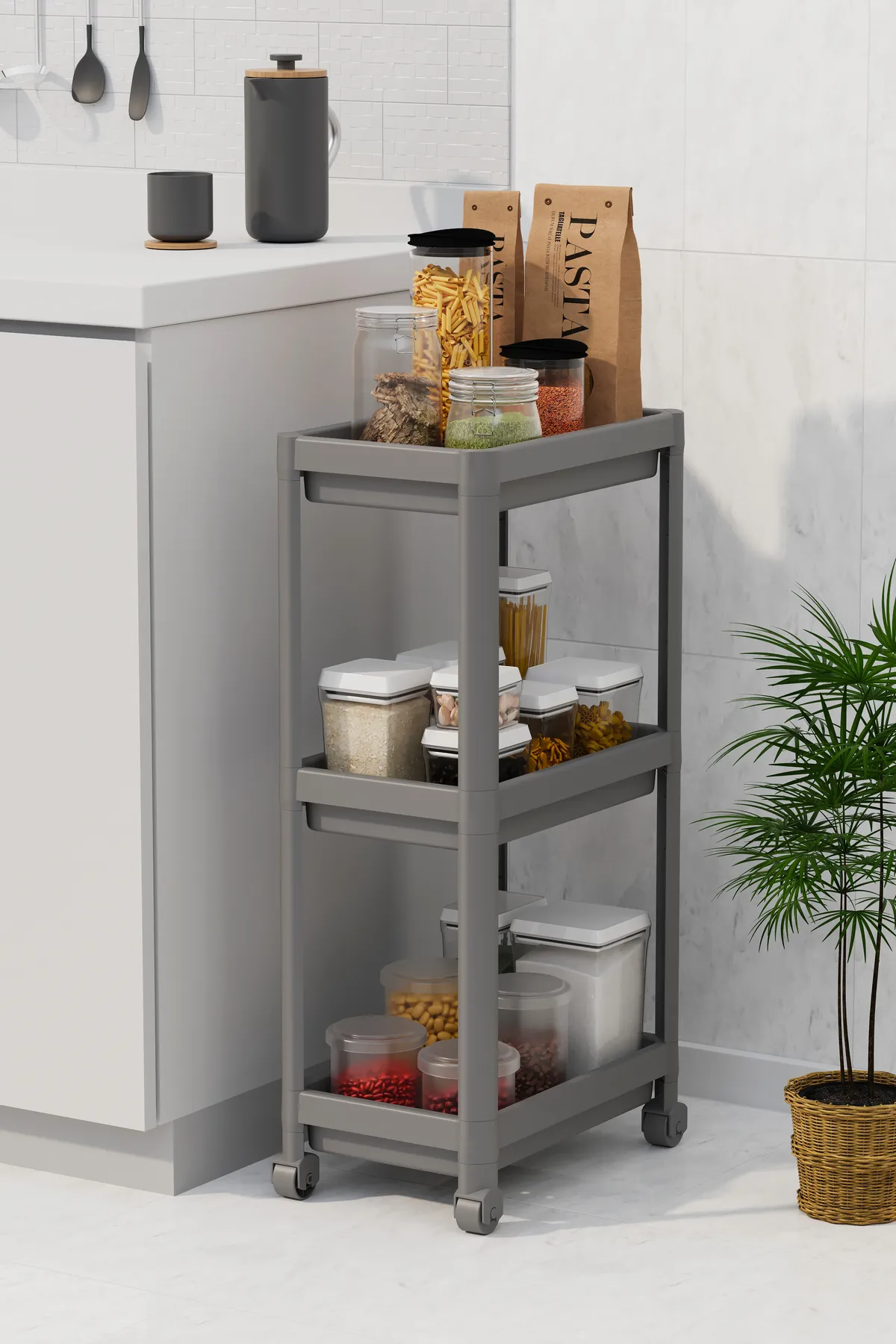 Grey 3-tier rolling cart in a kitchen