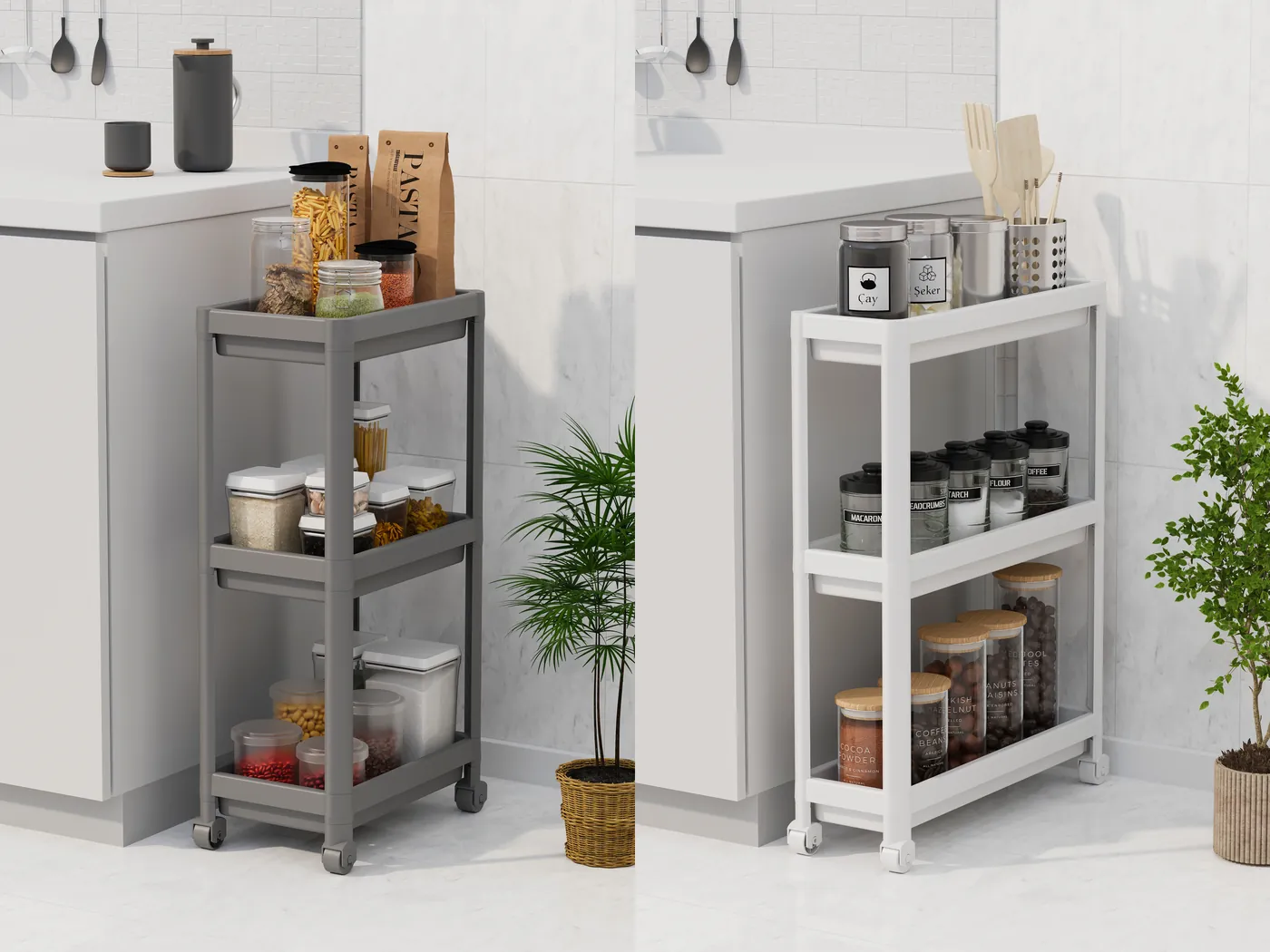 Grey and white rolling carts side by side