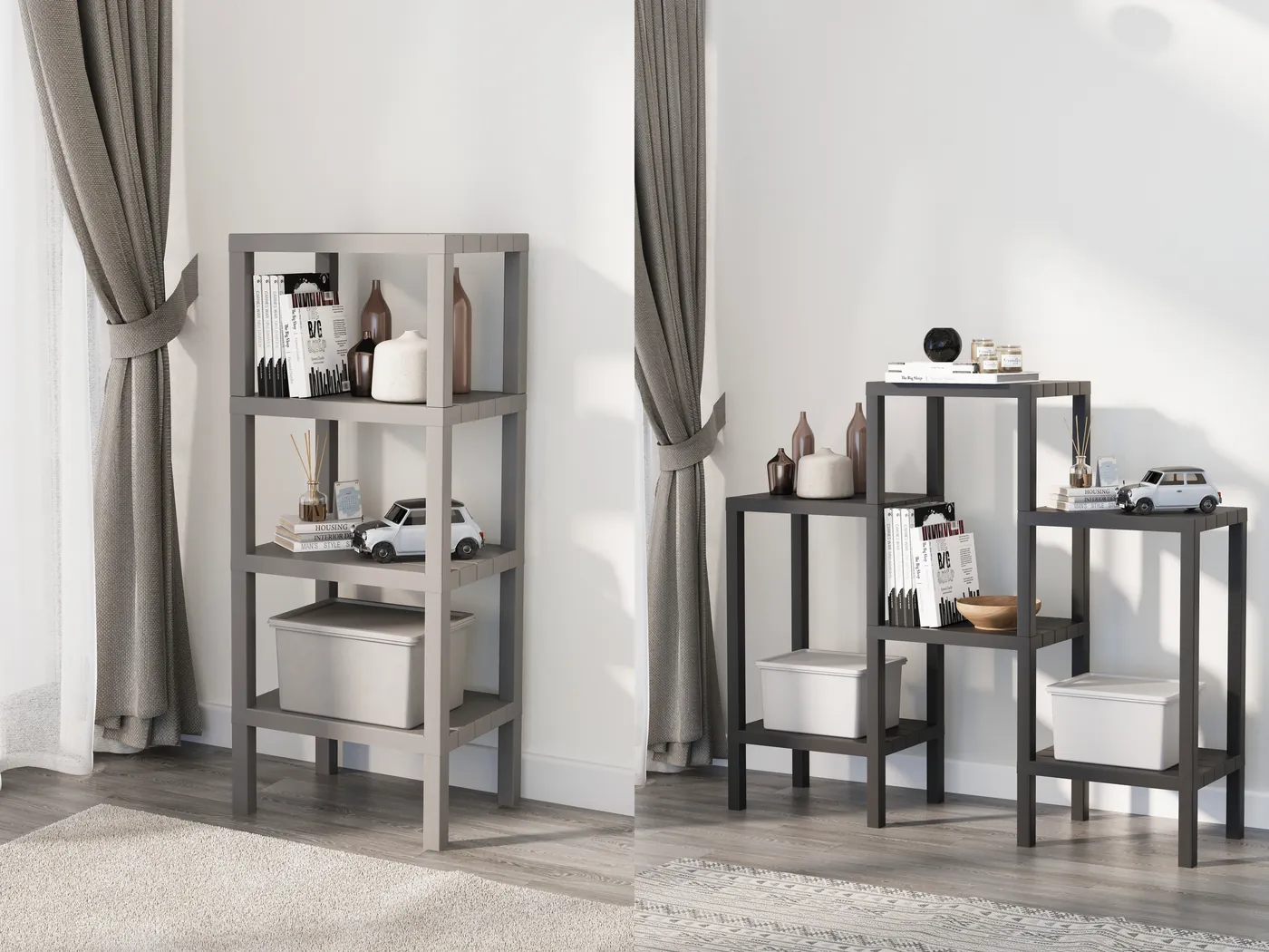 Grey and black shelving units side by side