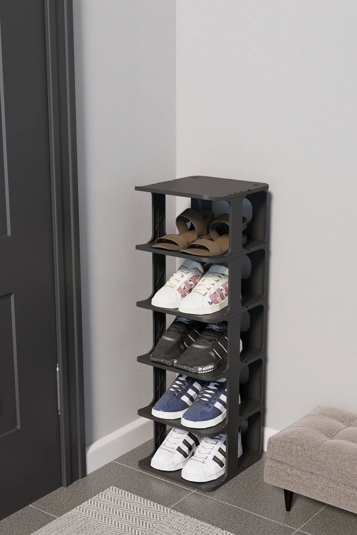Slim black shoe rack in a hallway