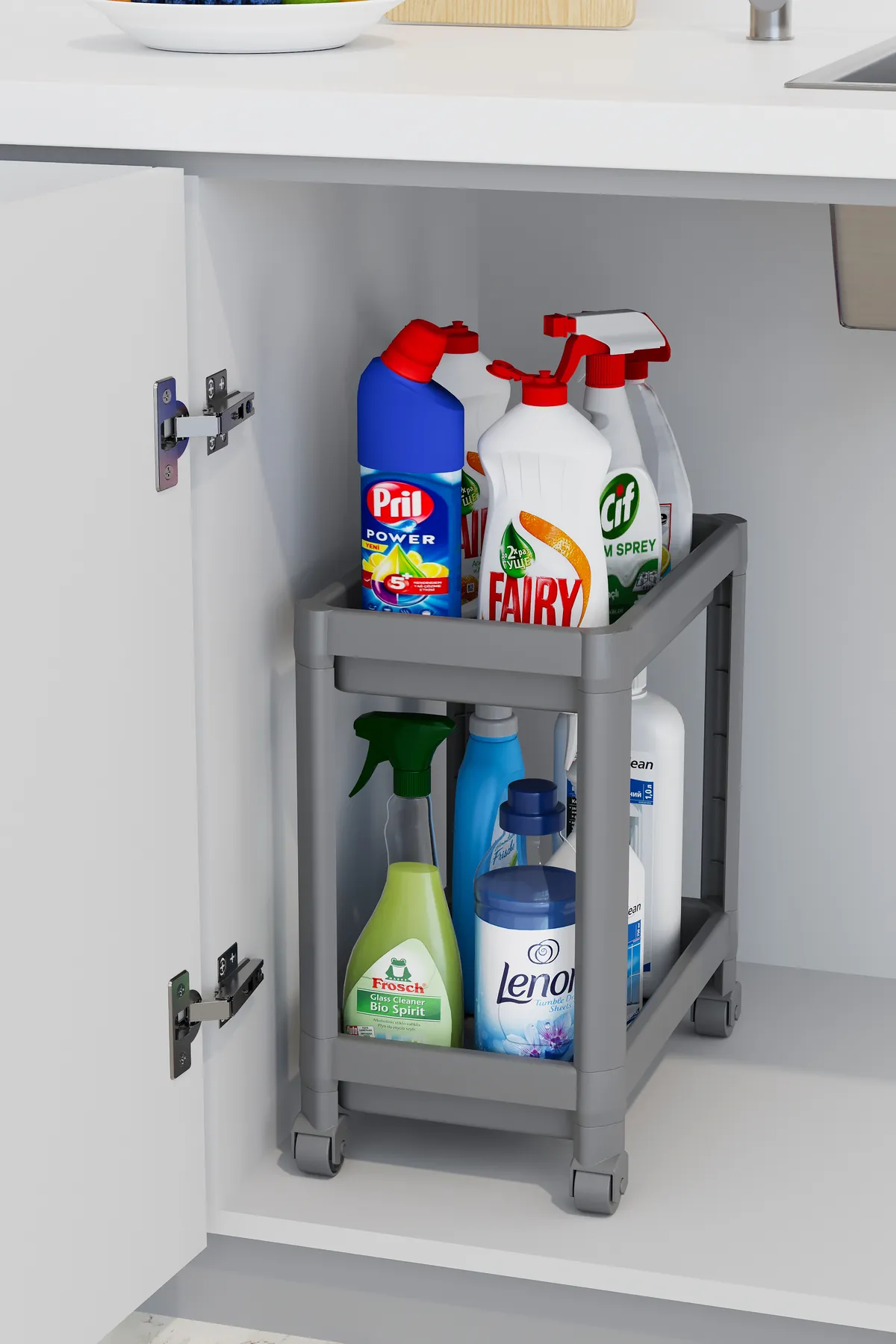 Under-sink rolling unit inside a sink cabinet