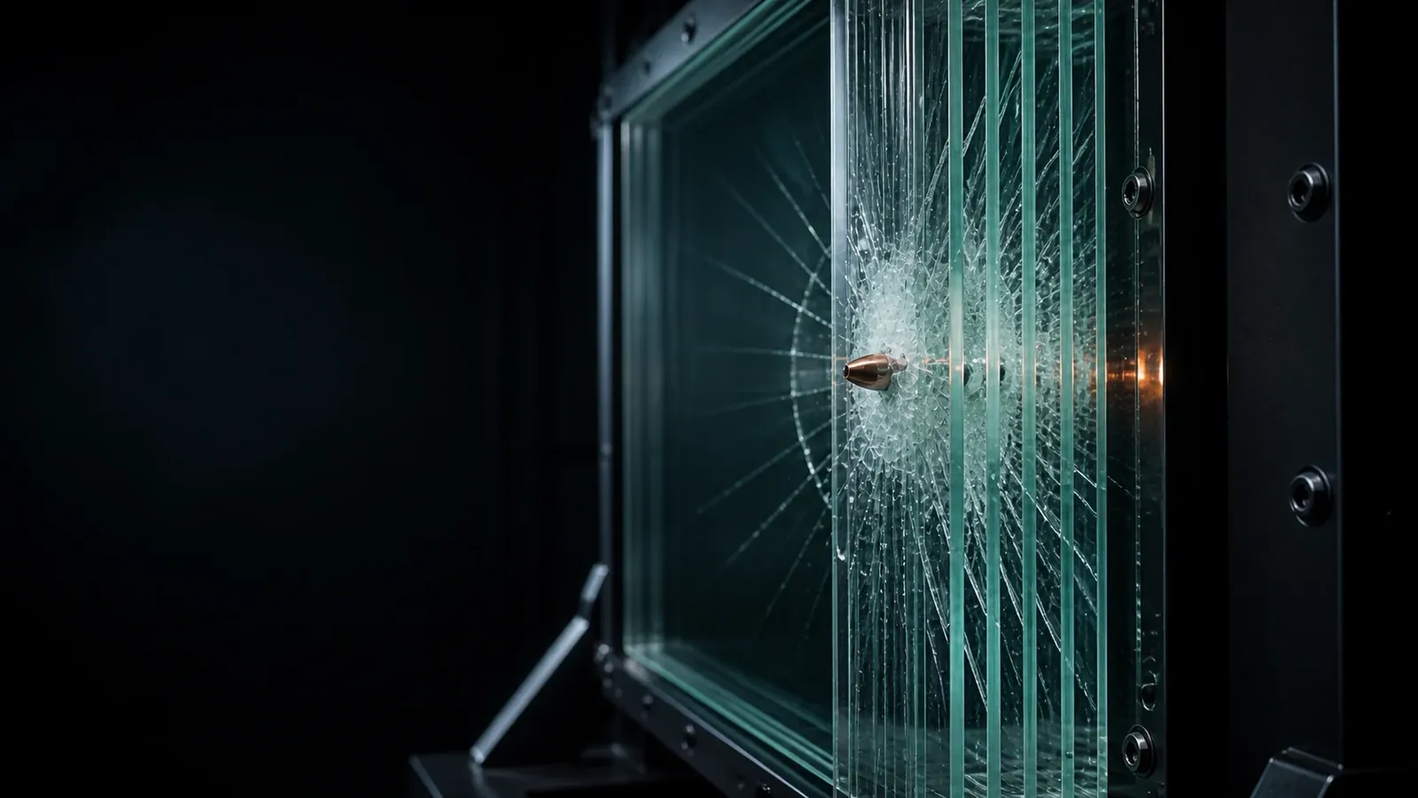 A projectile stopped in the first layers of multi-layer laminated glass, cracks not reaching the protected side