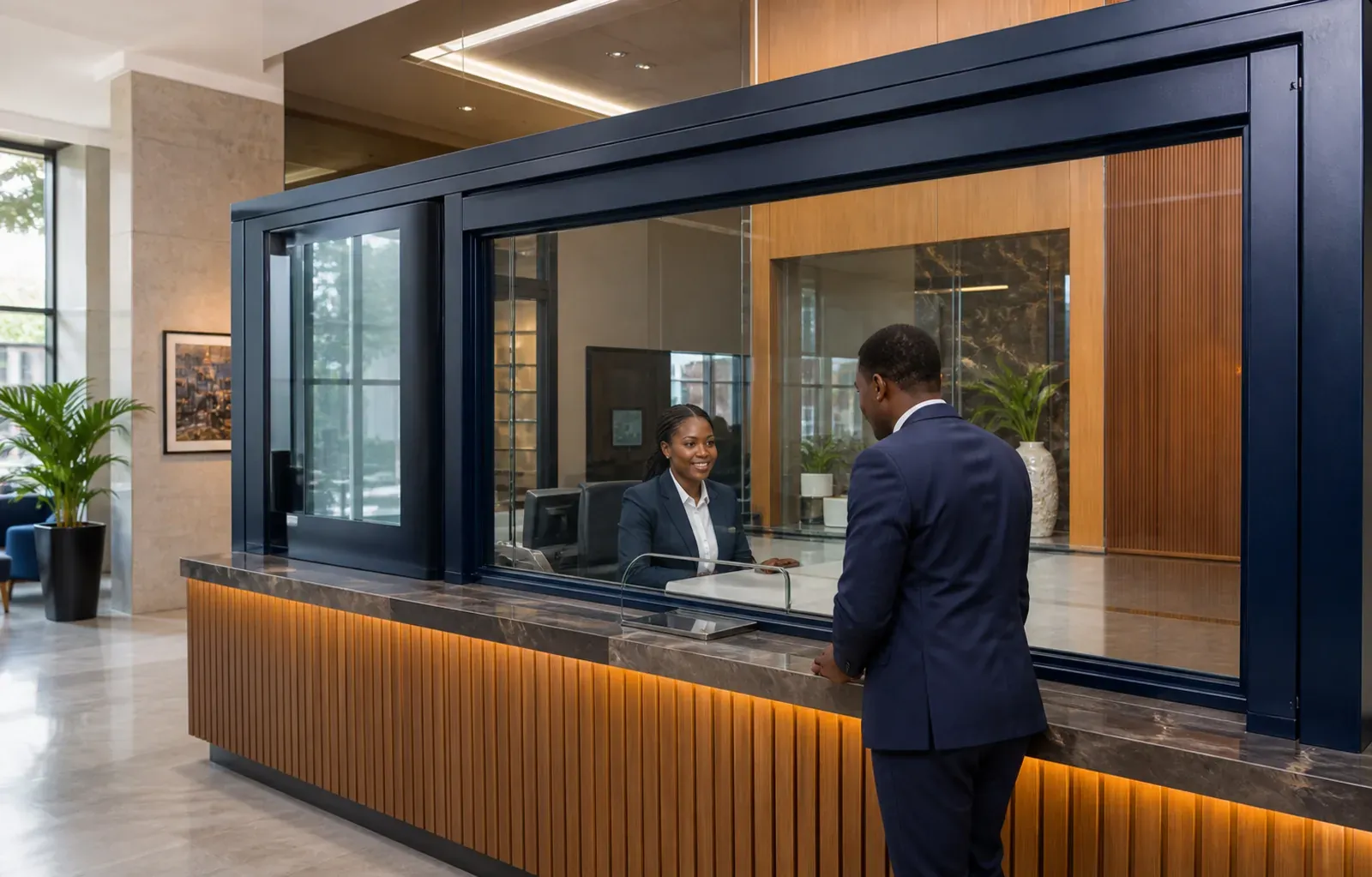 Protected glass teller partition with navy frame in a bank branch