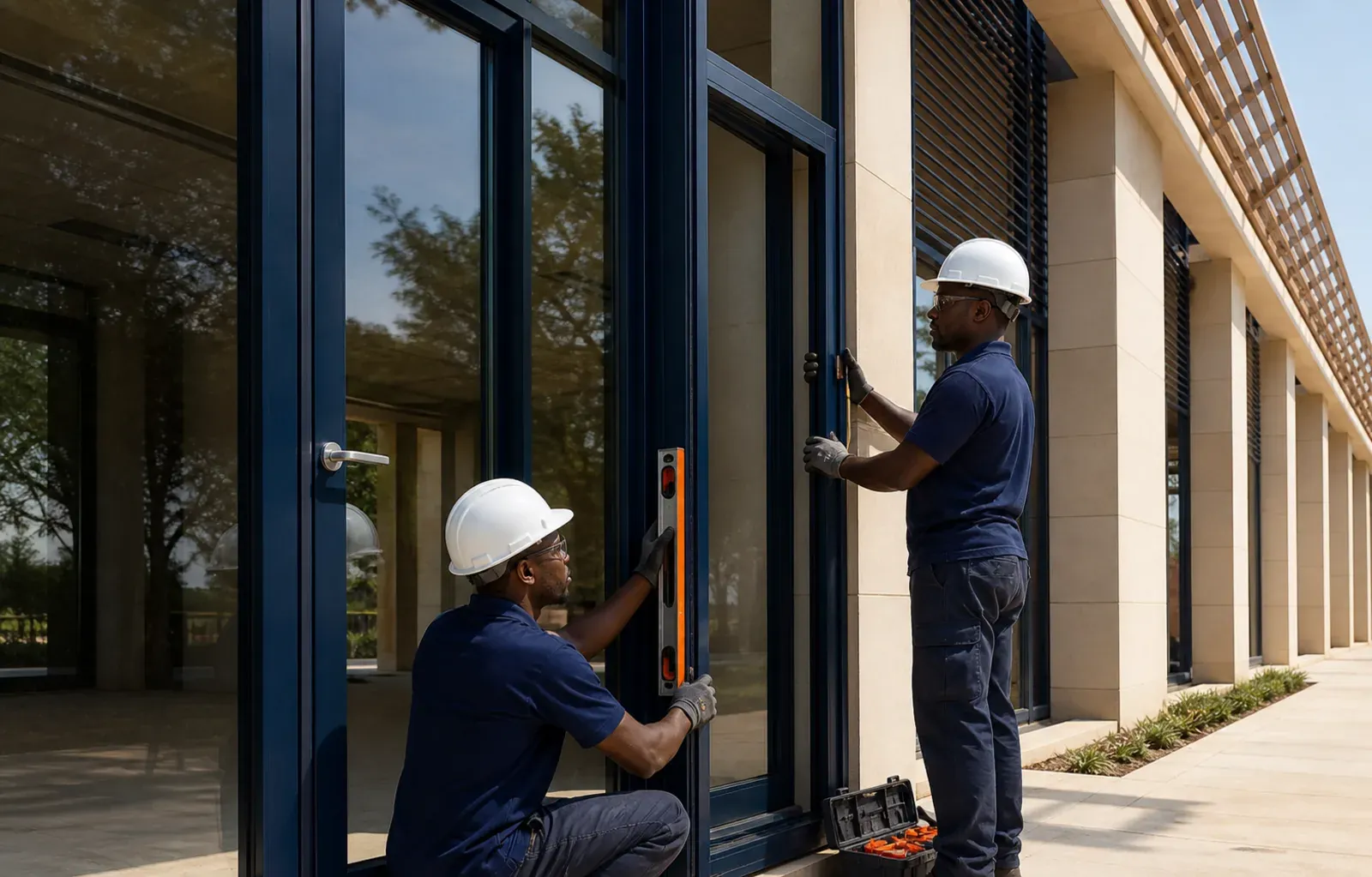 Crew checking aluminium window frames with a spirit level on a commercial facade