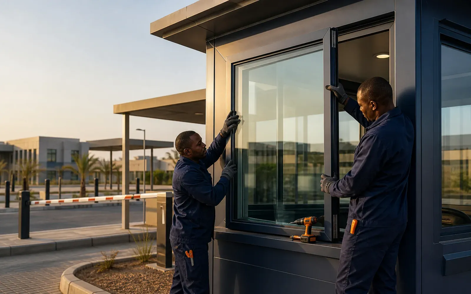 Two technicians fitting a window to a glazed guard booth at an entry checkpoint
